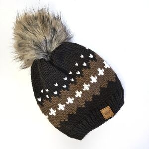Knit Hat with Faux Fur Pom Winter Hat Dark Brown EUC